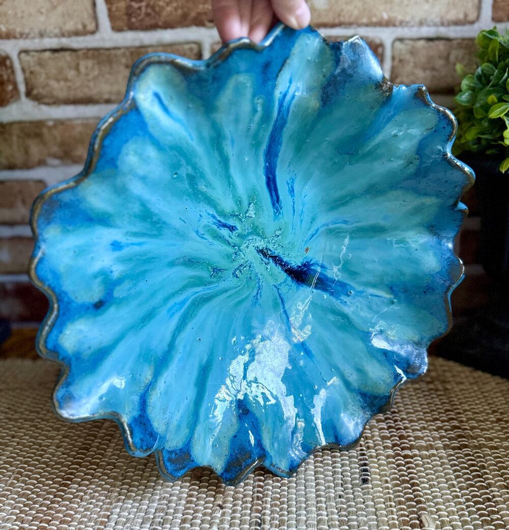 Signed Studio Pottery Ruffle Bowl | Turquoise Blue Glaze | Handmade Ceramic Art